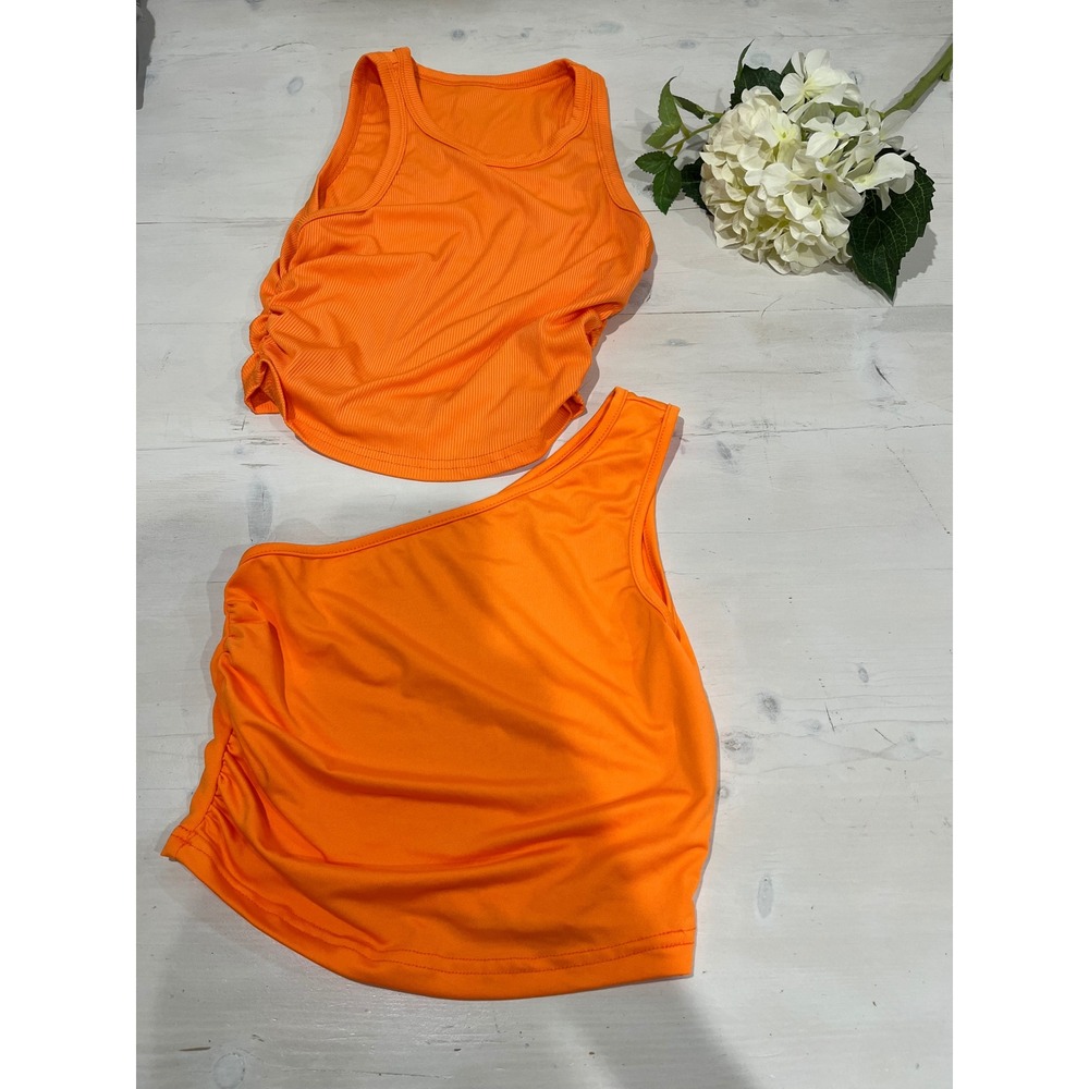 Orange Two Piece Tank‎ Top Set Ruched One Shoulder Sleeveless XS S